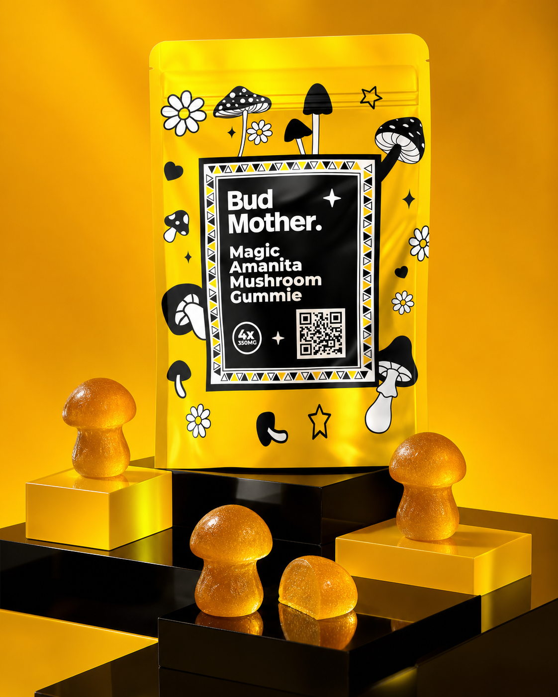 BUD MOTHER mushroom gummy pouch and amber mushroom-shaped gummies arranged across black and yellow product pedestals