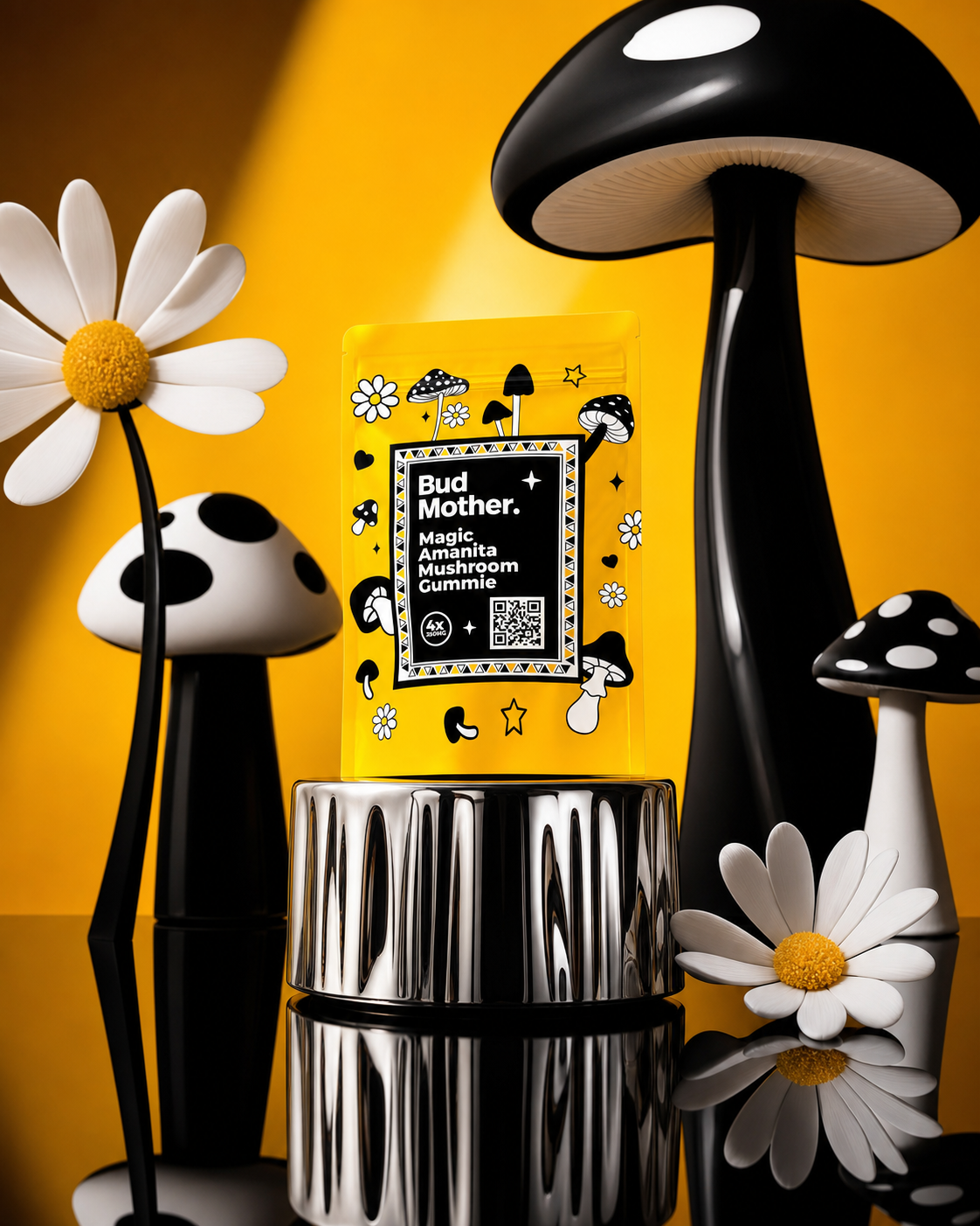 BUD MOTHER yellow mushroom gummy pouch in a surreal commercial set with chrome pedestal, oversized mushrooms and white daisies