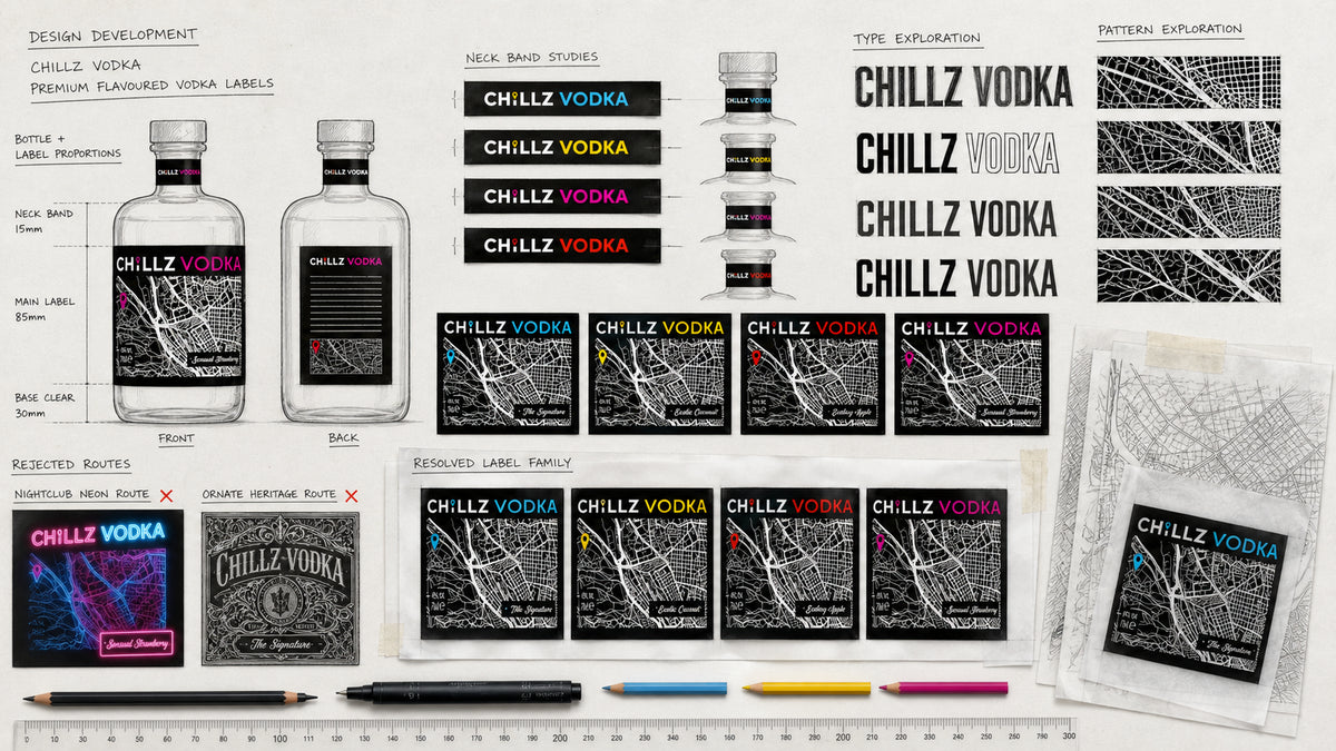 CHILLZ VODKA label development reconstruction showing bottle layouts, condensed wordmarks, street-map graphics and four flavour colour accents.