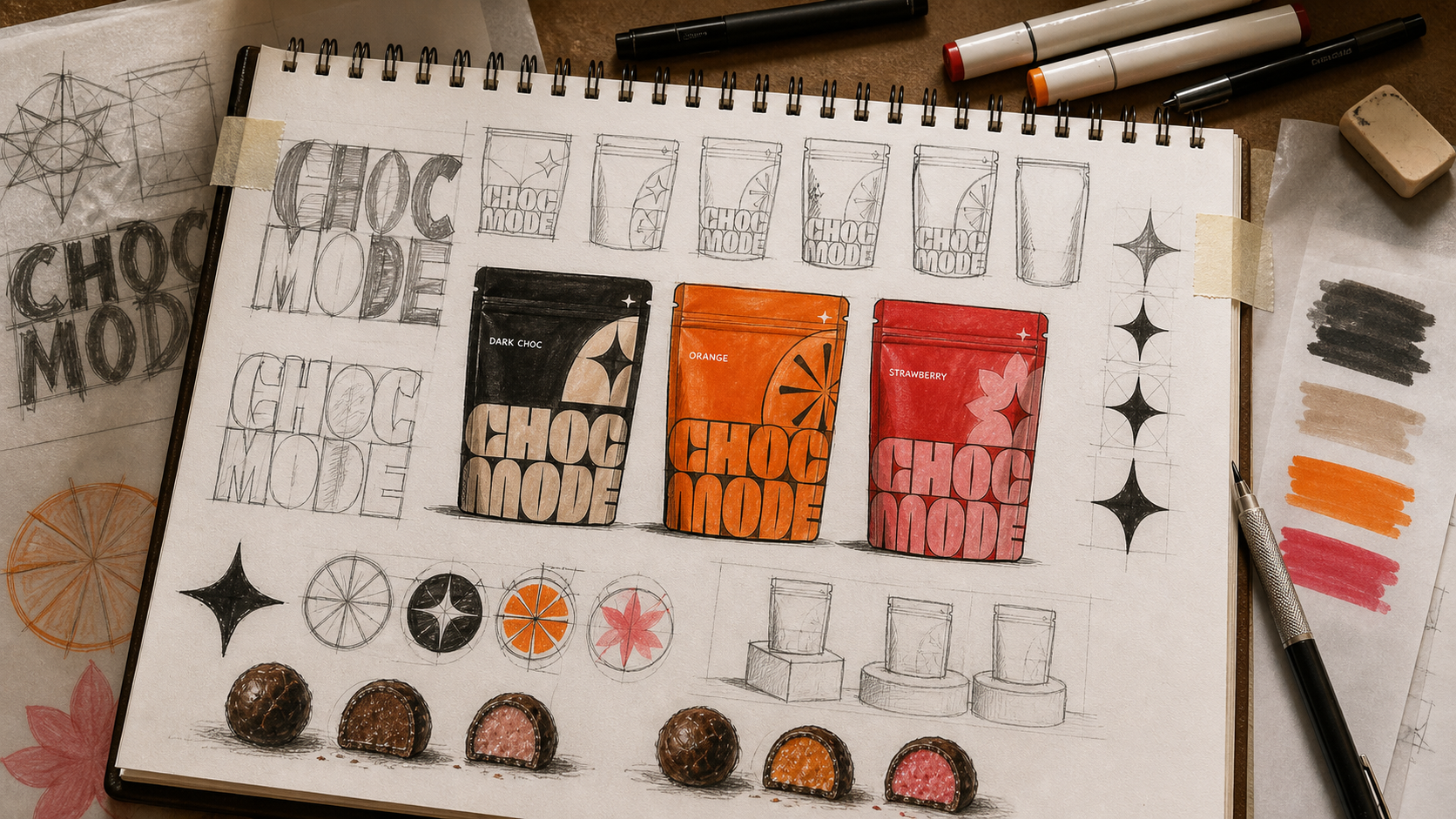 CHOC MODE protein snack packaging process showing pouch layouts, custom display typography, flavour symbols and truffle colour coding.