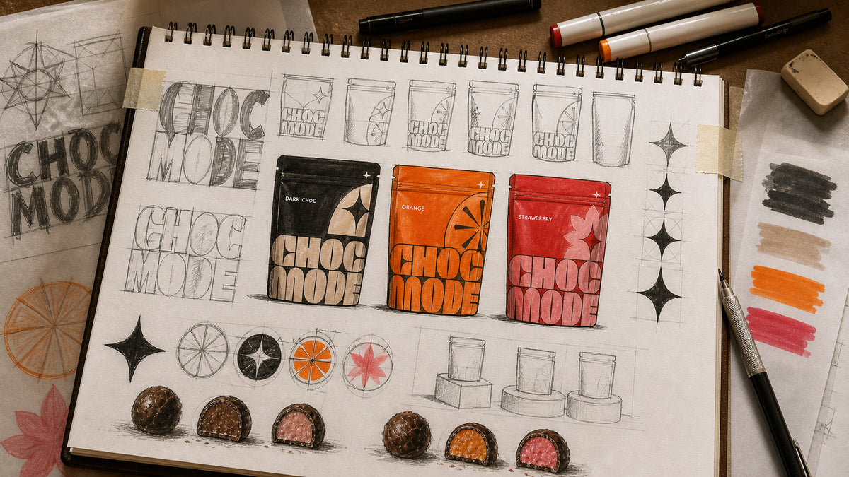 CHOC MODE protein snack packaging process showing pouch layouts, custom display typography, flavour symbols and truffle colour coding.
