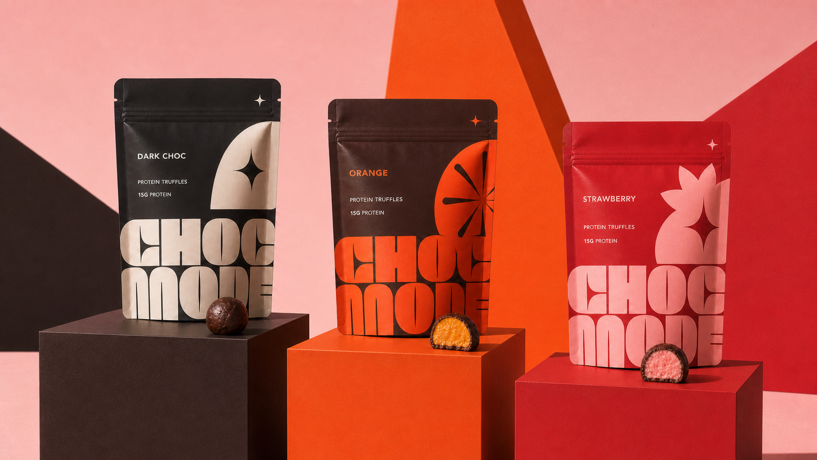 CHOC MODE mini stand-up pouches staged on black, orange and red geometric plinths for a premium protein snack campaign.
