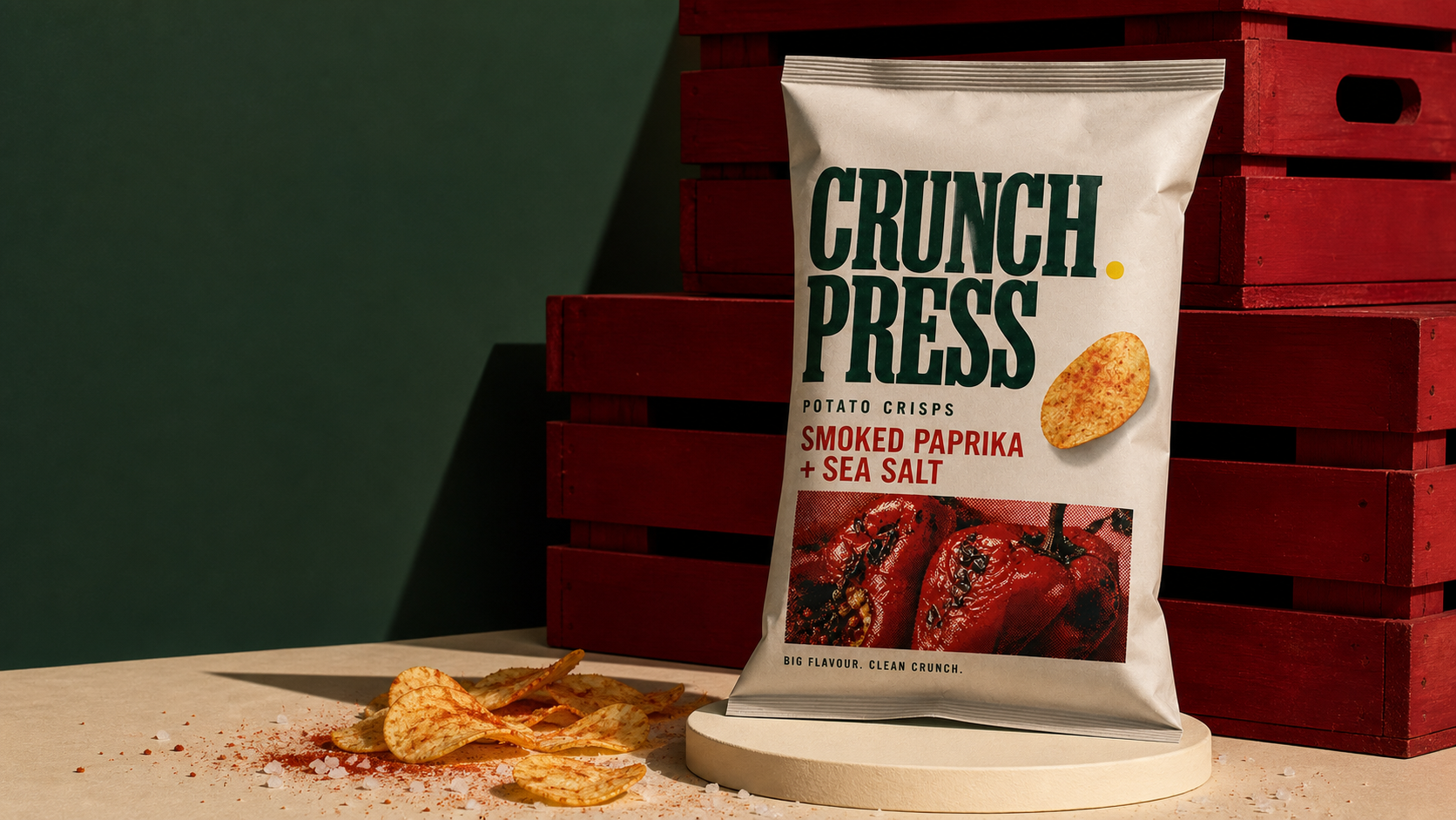 Single Crunch Press potato crisp bag on a pedestal beside stacked red produce crates and scattered paprika crisps.