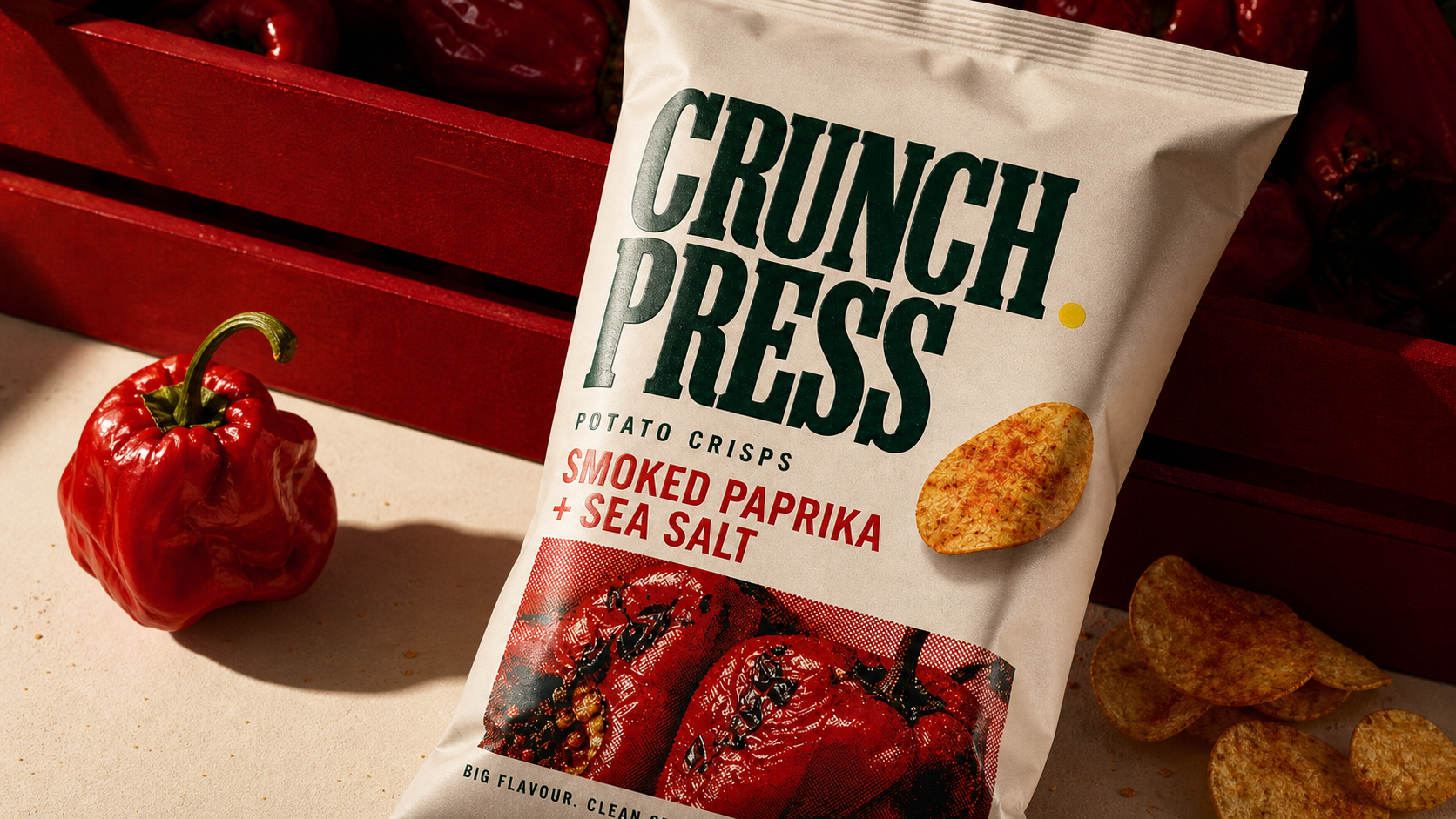 Close editorial crop of the Crunch Press crisp pouch with smoked peppers, loose crisps and bold green display typography.