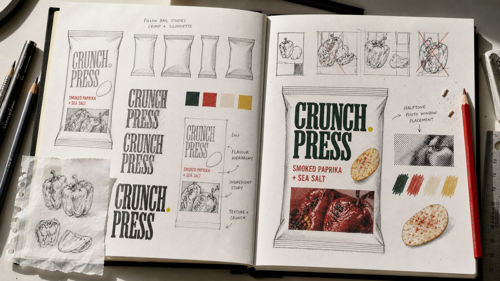 Crunch Press crisp packaging process showing bag structures, condensed logo trials, smoked paprika imagery and front-of-pack layout development.