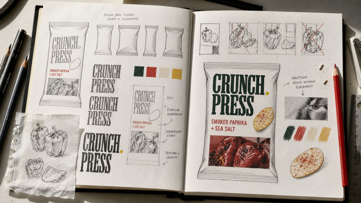 Crunch Press crisp packaging process showing bag structures, condensed logo trials, smoked paprika imagery and front-of-pack layout development.