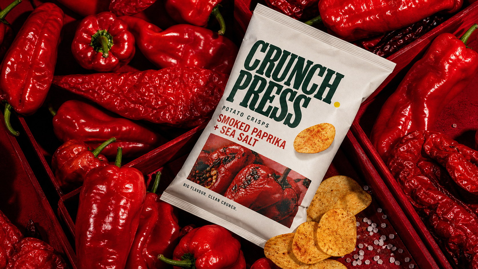 Overhead Crunch Press snack packaging composition surrounded by smoked red peppers, sea salt and loose potato crisps.