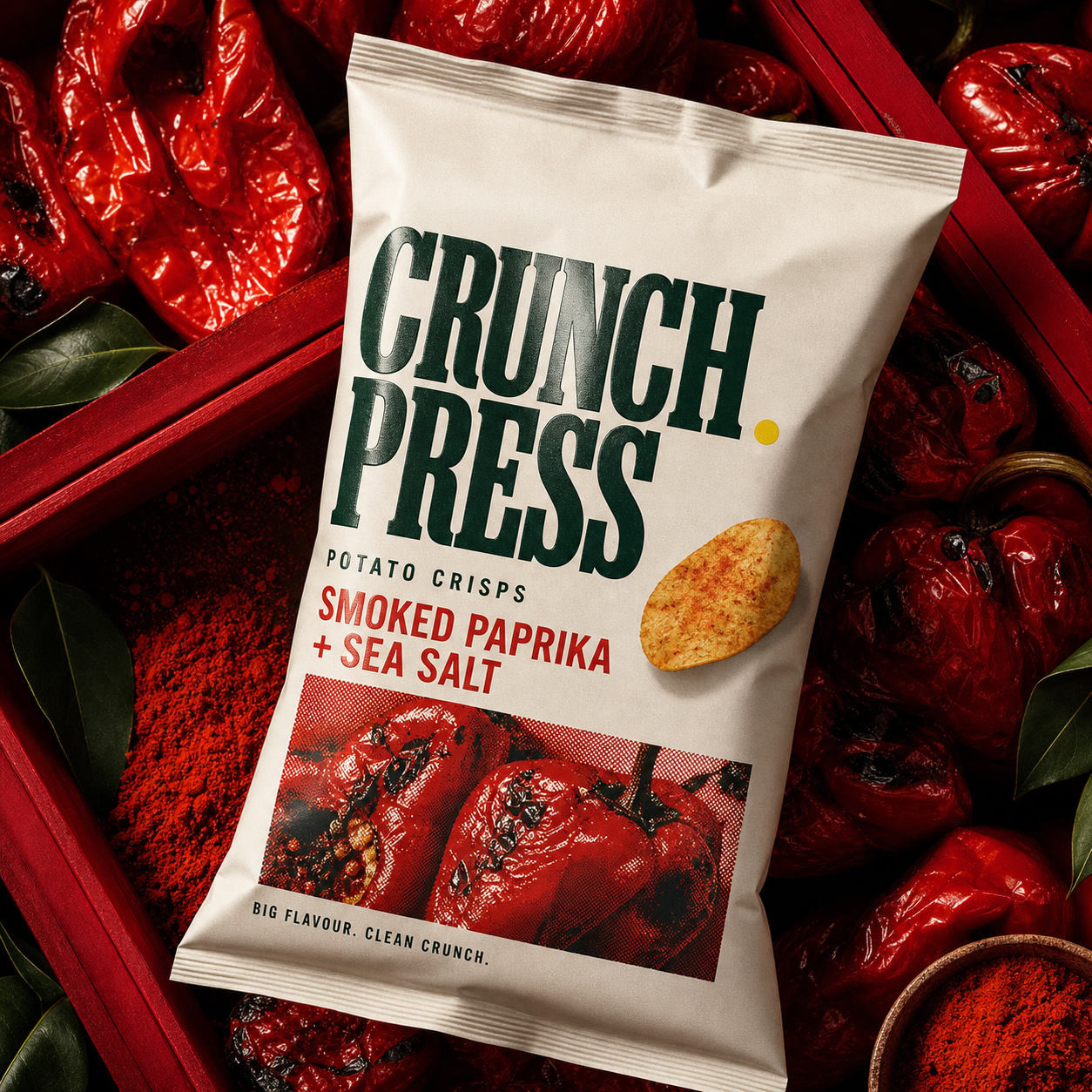 Crunch Press Smoked Paprika and Sea Salt crisp bag photographed among red peppers and paprika for an ingredient-led hero image.