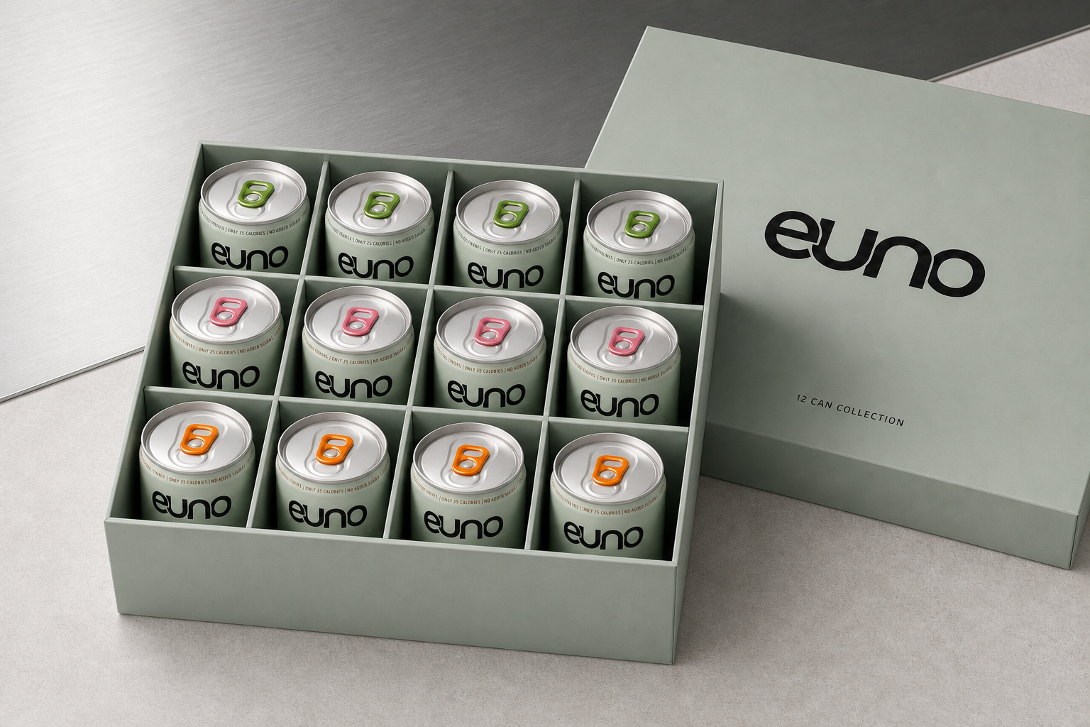 Premium Euno 12-can functional drink presentation box opened to reveal twelve slim 250 ml cans arranged in four rows of three