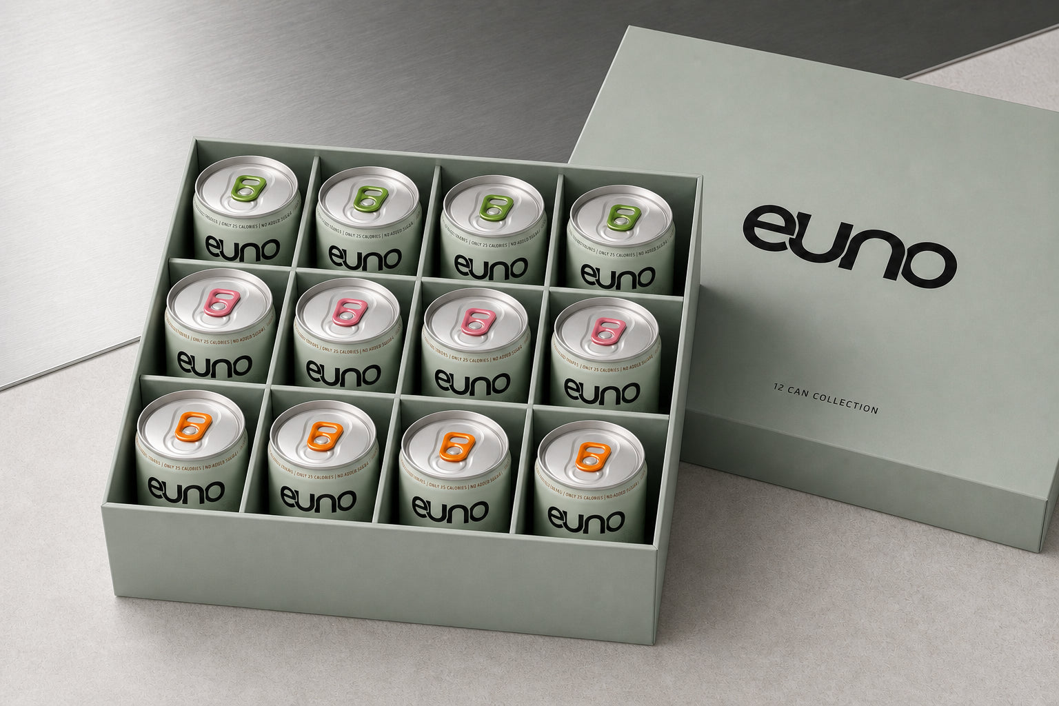 Premium Euno 12-can functional drink presentation box opened to reveal twelve slim 250 ml cans arranged in four rows of three