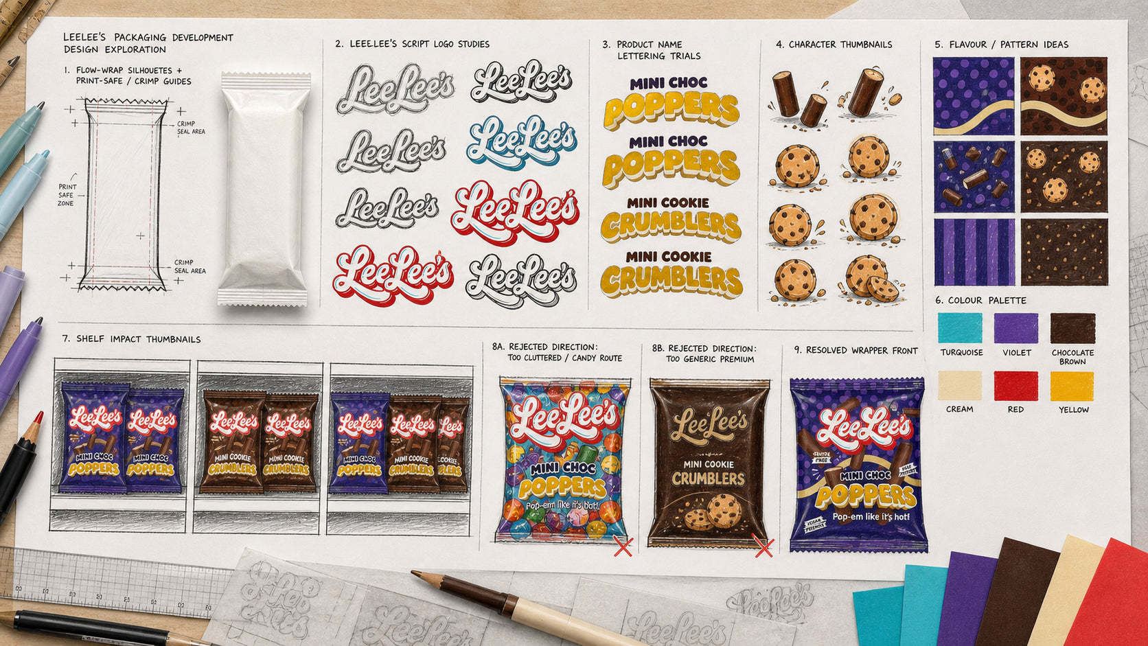 LeeLee's snack wrapper development reconstruction showing flow-wrap structures, script logo trials, product lettering, patterns and colour routes.
