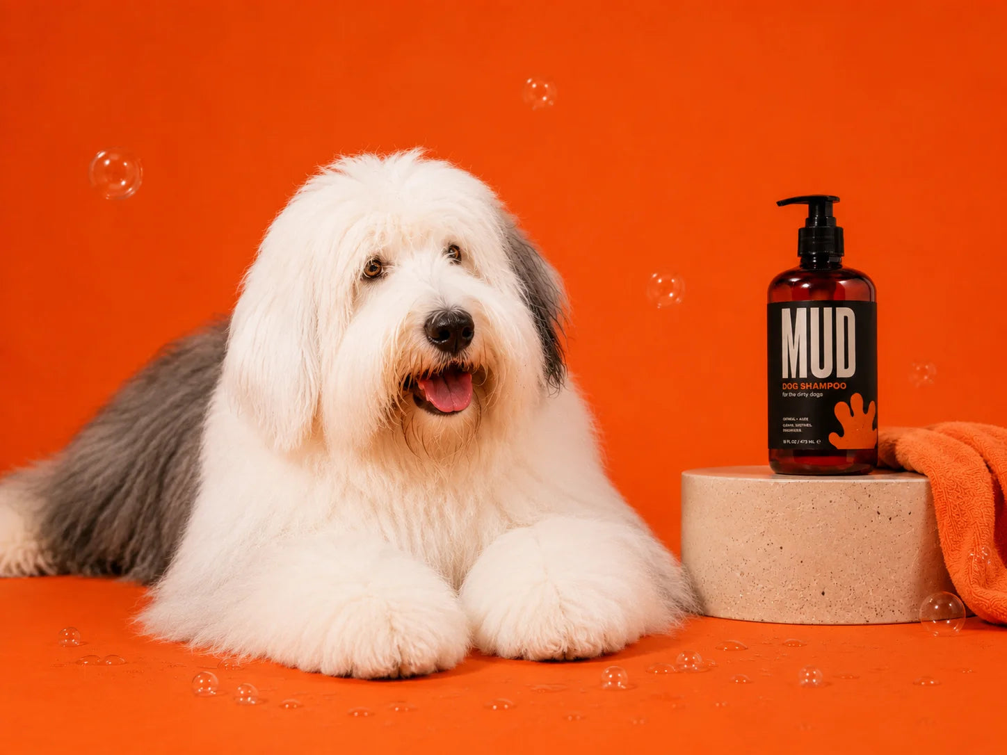 Clean shaggy dog with MUD dog shampoo and soap bubbles on an orange set