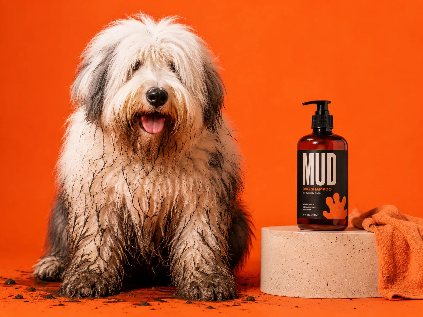 Muddy shaggy dog beside an amber bottle of MUD dog shampoo