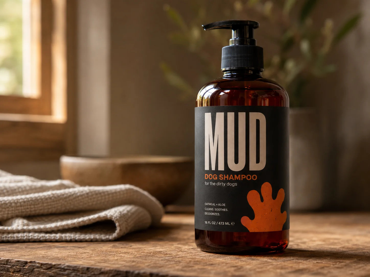 MUD dog shampoo bottle displayed in a warm natural bathroom setting