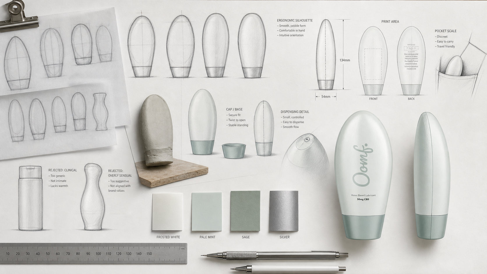 OOMF by Quanna bottle development reconstruction showing ergonomic pebble forms, cap construction, dispensing details, material swatches and print placement.