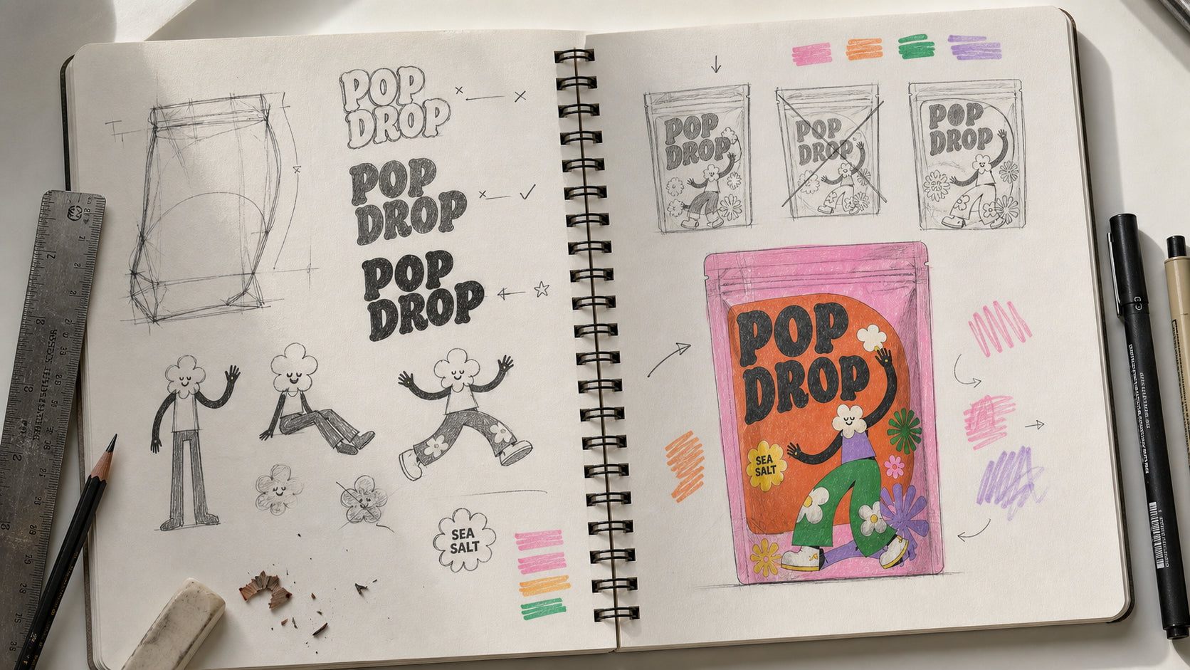 POP DROP popcorn packaging process showing pouch structure, logo lettering, character illustration, flavour badge and colour exploration.
