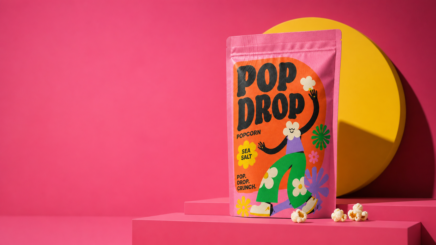 POP DROP popcorn pouch staged on a pink pedestal with yellow geometric scenery and scattered popcorn pieces.