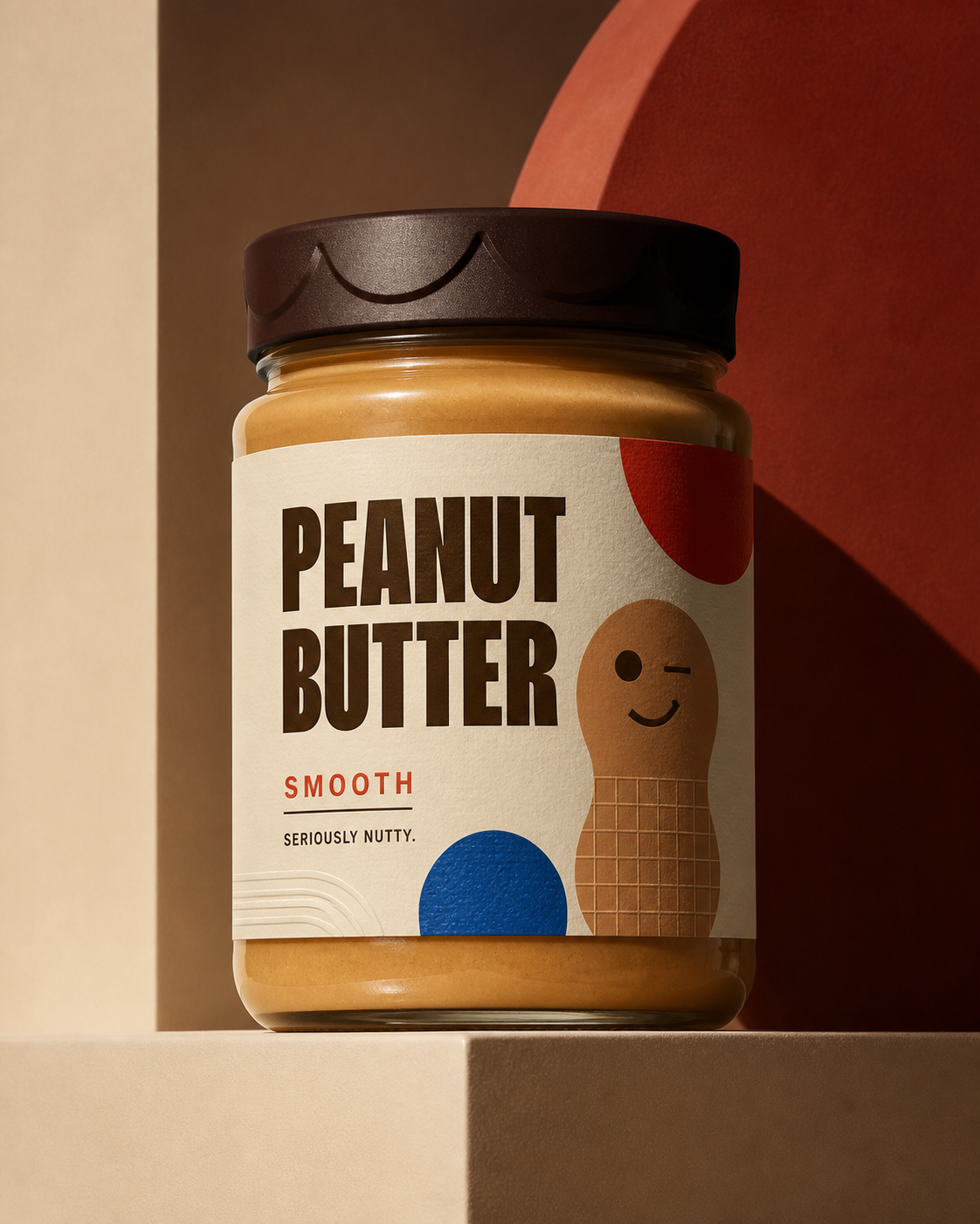 Seriously Nutty Smooth peanut butter glass jar hero shot with cream label, winking peanut character and dark sculpted lid.