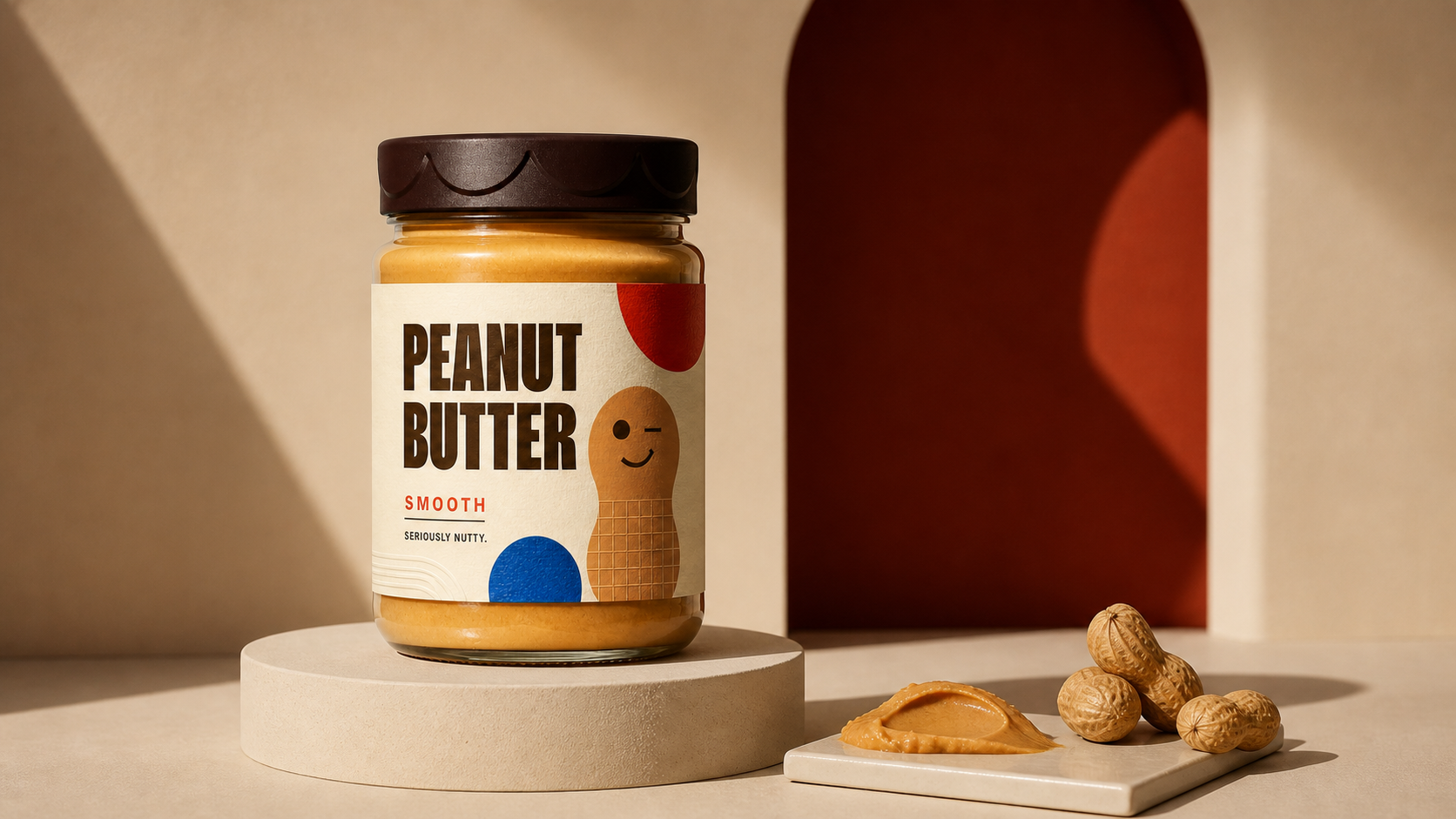 Seriously Nutty peanut butter jar on a pedestal with peanuts and a spoonful of smooth spread in a warm editorial set.