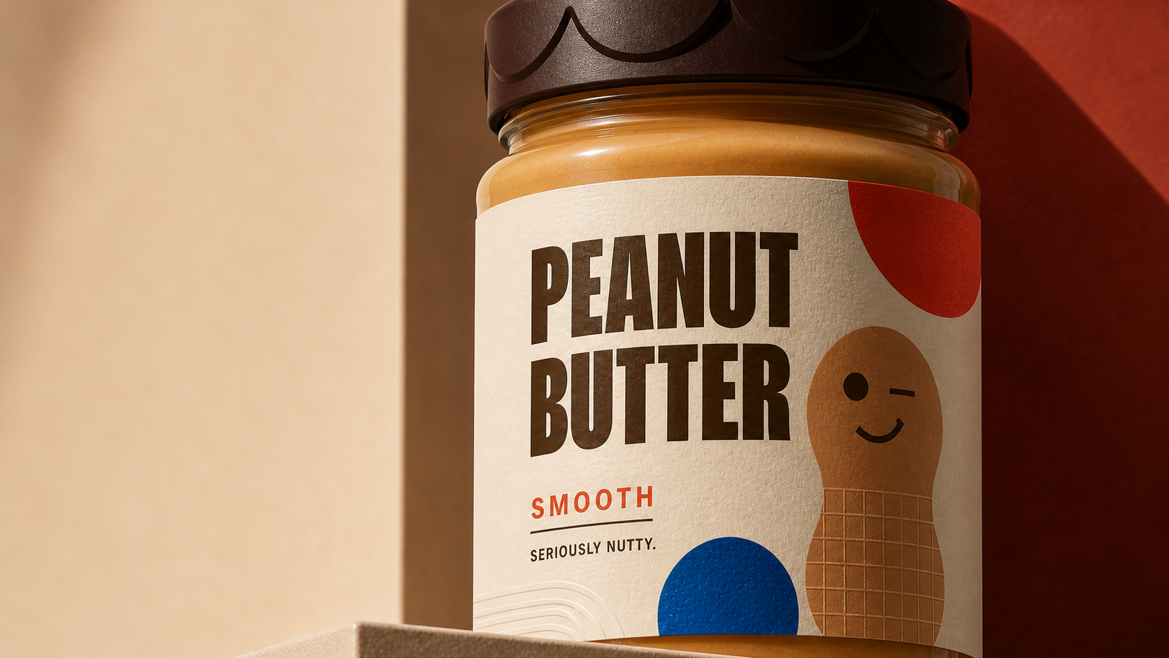 Close-up of the Seriously Nutty peanut butter label showing condensed typography, mascot illustration and tactile paper texture.
