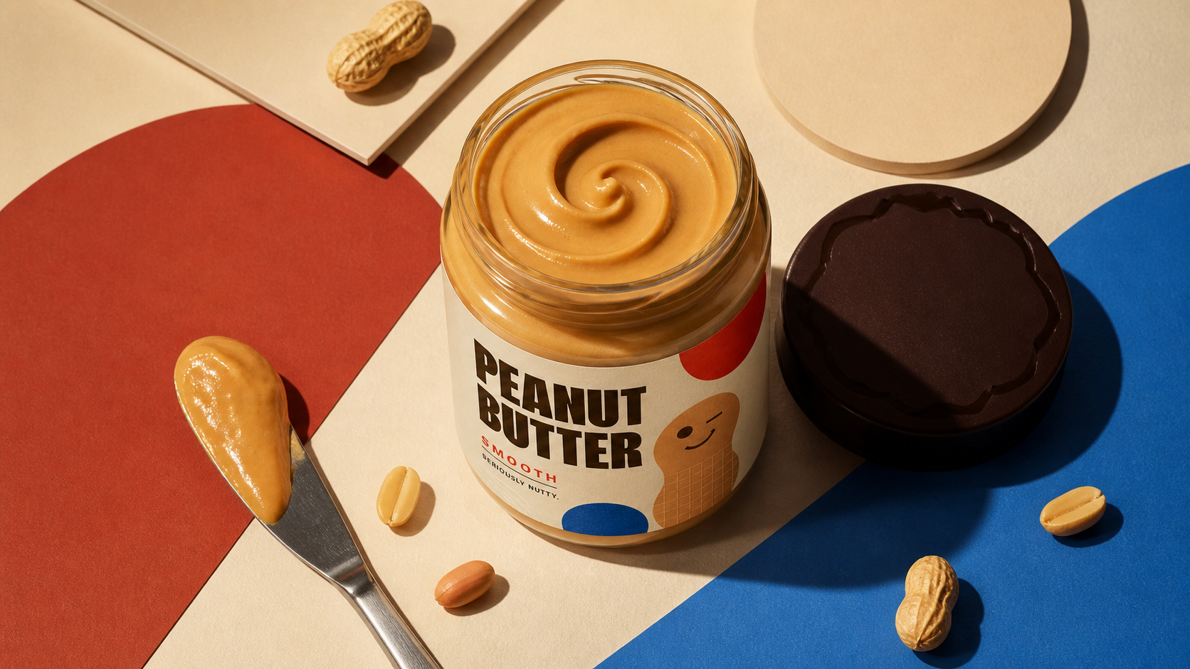 Overhead view of an open Seriously Nutty peanut butter jar with spoon, peanuts and the red, cream and blue label colour system.