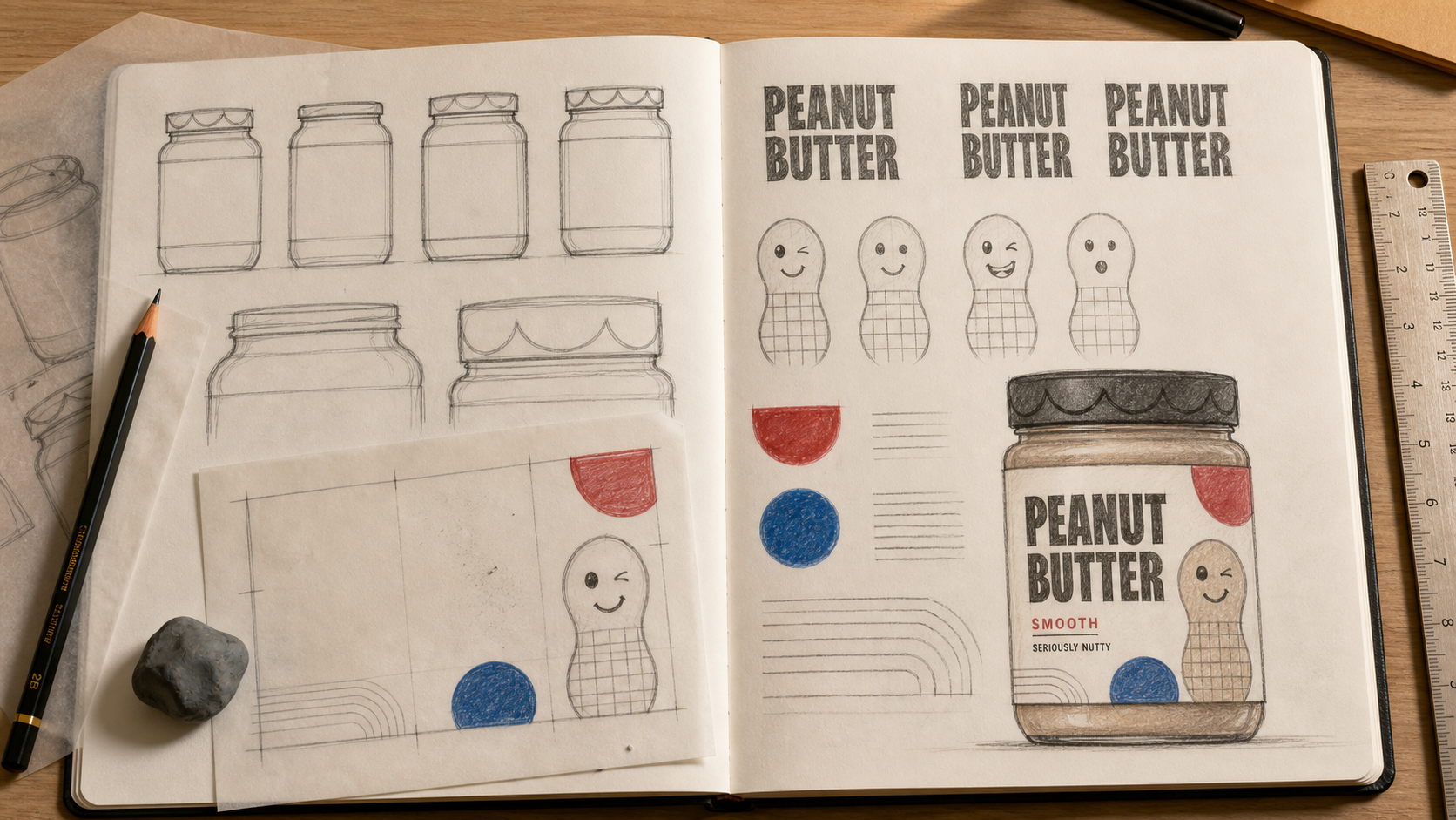 Seriously Nutty peanut butter packaging process showing glass jar proportions, bold typography, peanut mascot studies and label colour development.