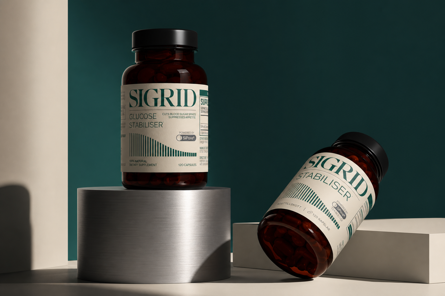 English and Swedish SIGRID supplement bottle renders on brushed aluminium and warm ivory plinths
