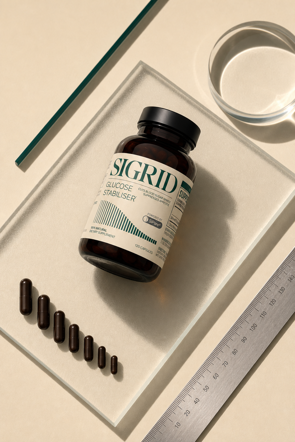 Overhead SIGRID Glucose Stabiliser bottle composition on frosted glass with capsules arranged to echo the label graph