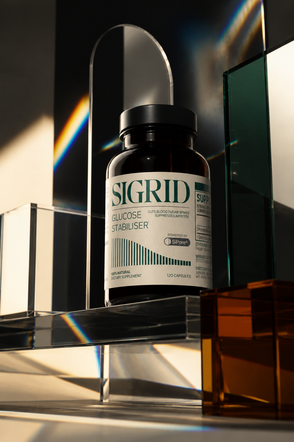 SIGRID supplement bottle in an optical glass installation with amber refractions, green glass and hard clinical lighting