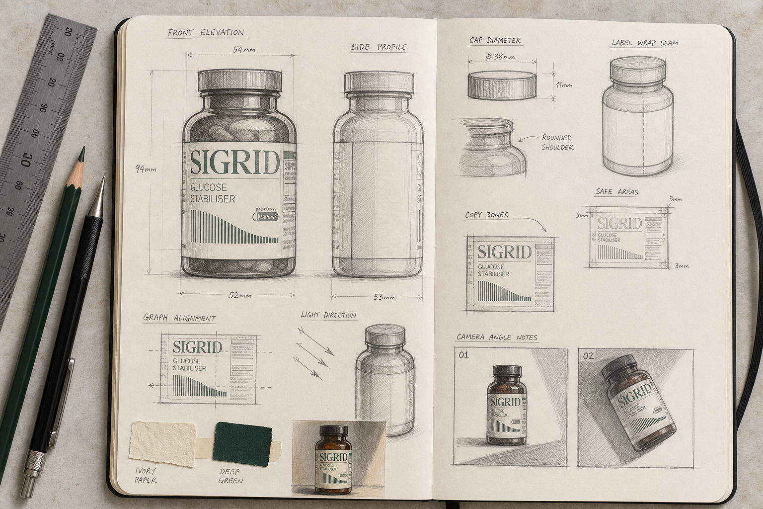 Hand-drawn SIGRID supplement bottle process sketch showing label wrap structure, safe areas, bottle dimensions, graph alignment and camera angles