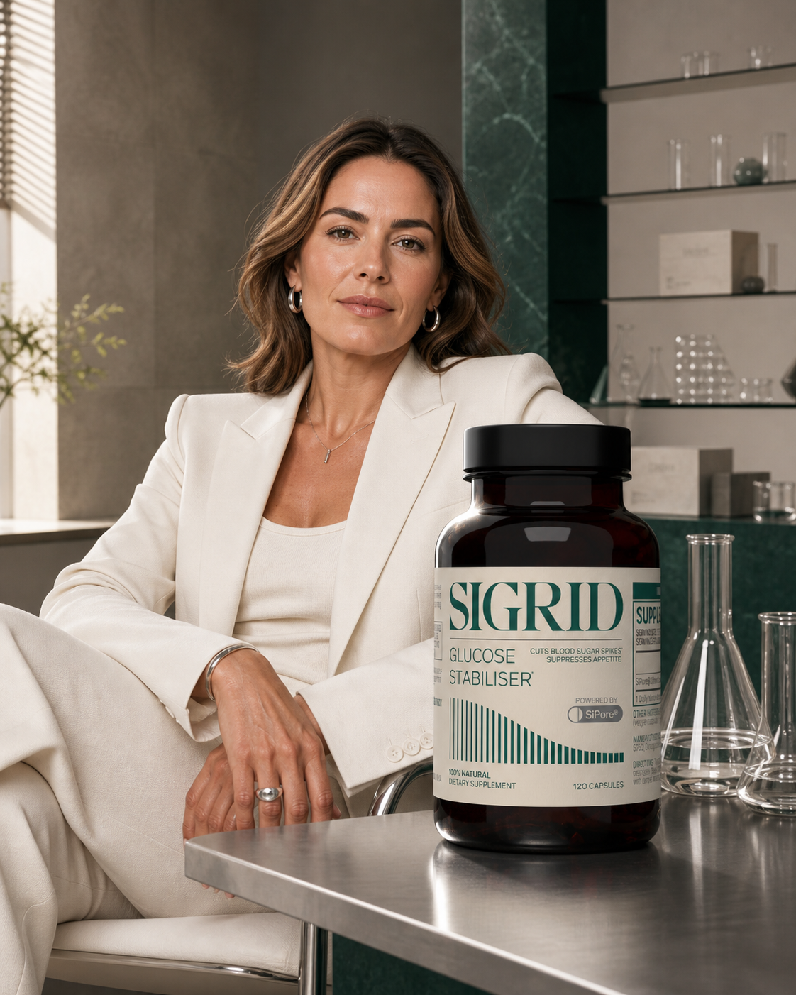 Adult woman in ivory tailoring with an oversized SIGRID supplement bottle in a premium life-science editorial setting