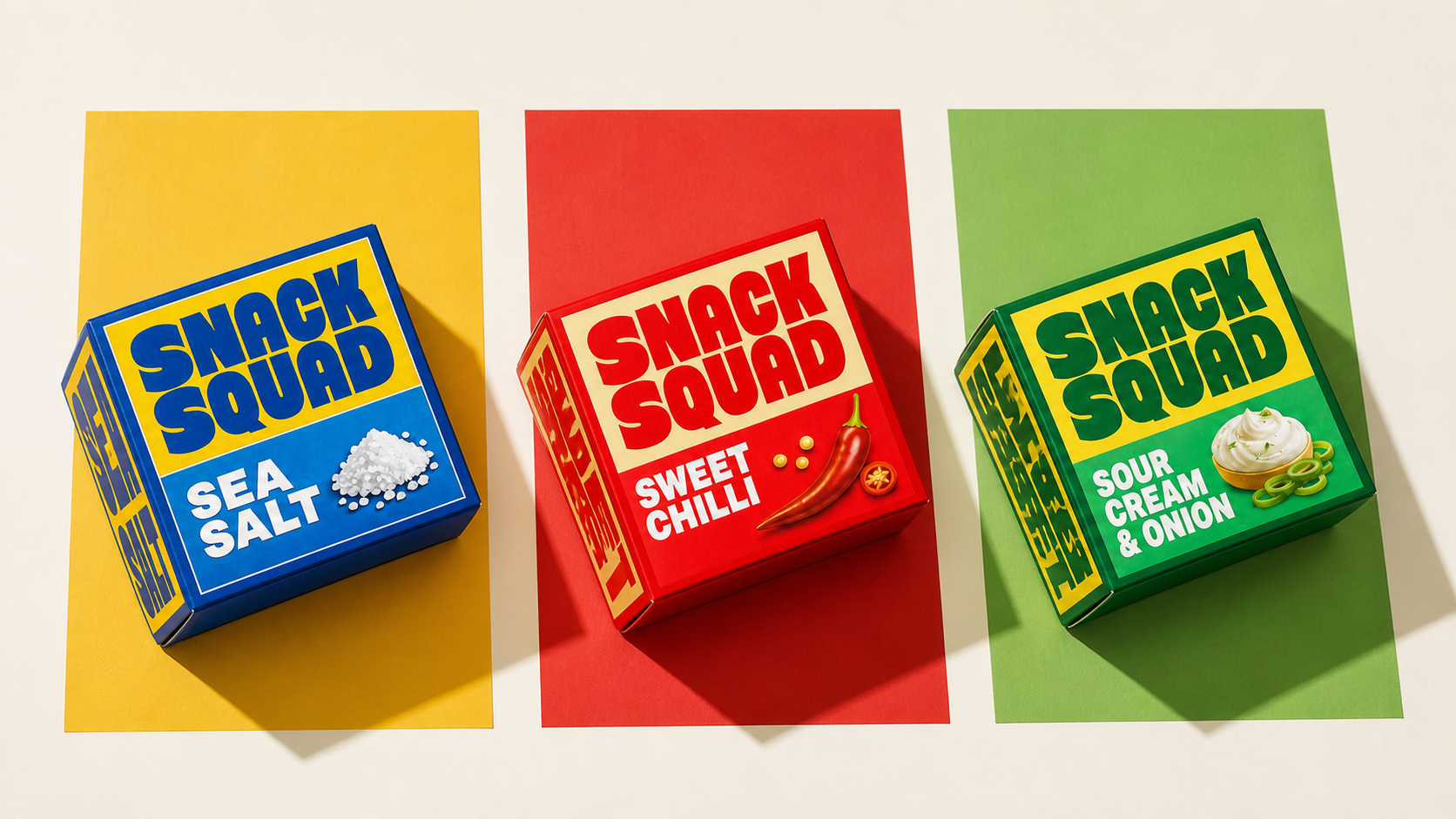Overhead Snack Squad box packaging range showing Sea Salt, Sweet Chilli and Sour Cream and Onion colour blocks.