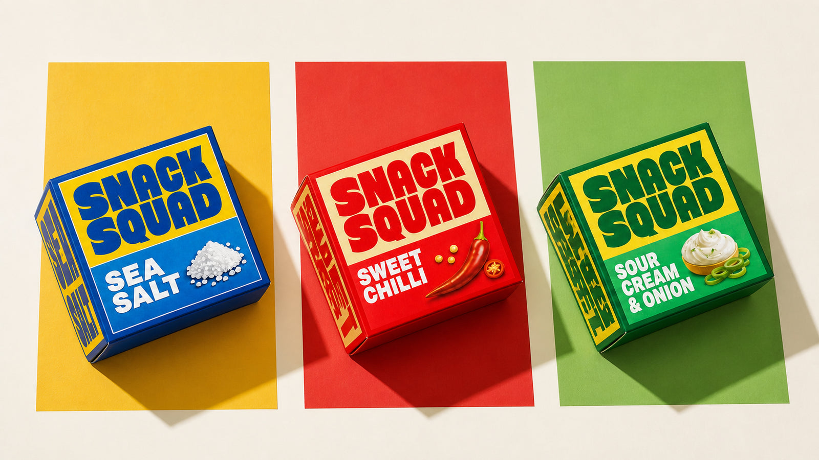 Overhead Snack Squad box packaging range showing Sea Salt, Sweet Chilli and Sour Cream and Onion colour blocks.