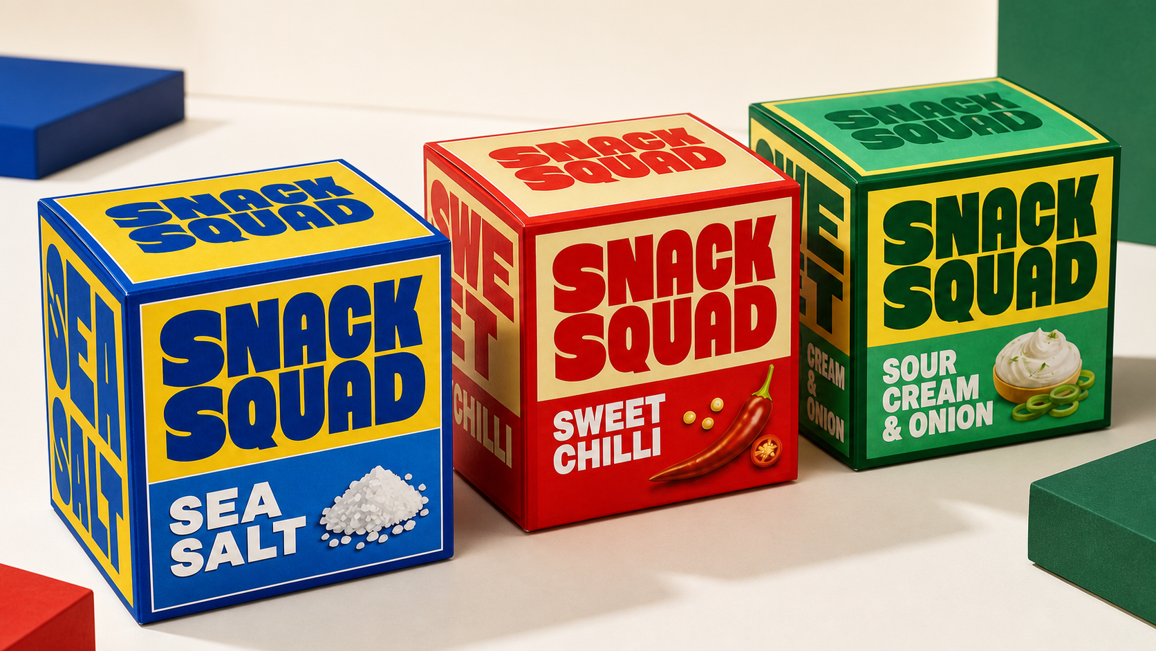 Three Snack Squad flavour boxes arranged in a retail-ready lineup with blue, red and green variant coding.