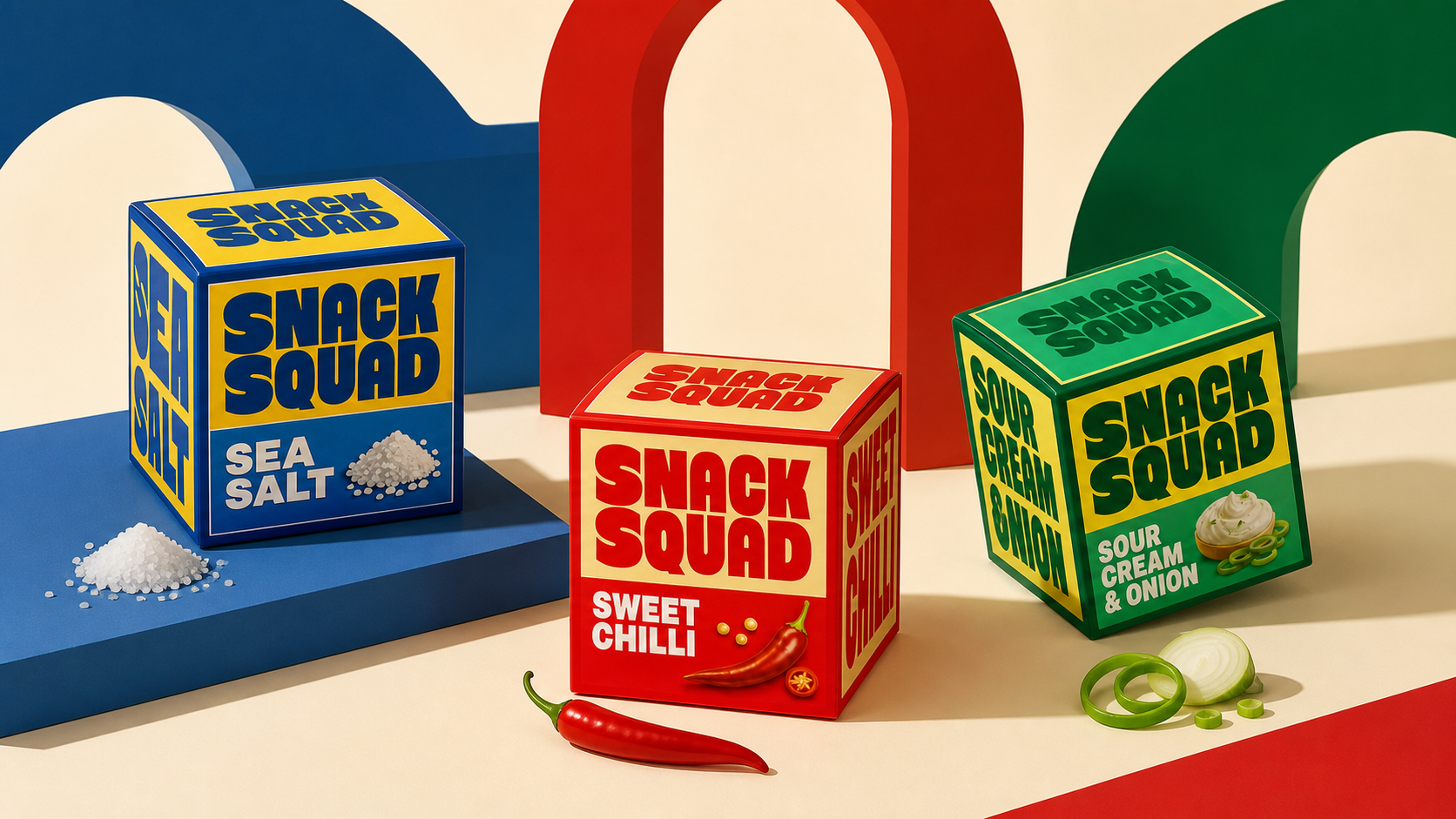 Snack Squad multi-flavour packaging on geometric plinths with salt, chilli and onion ingredients identifying each variant.
