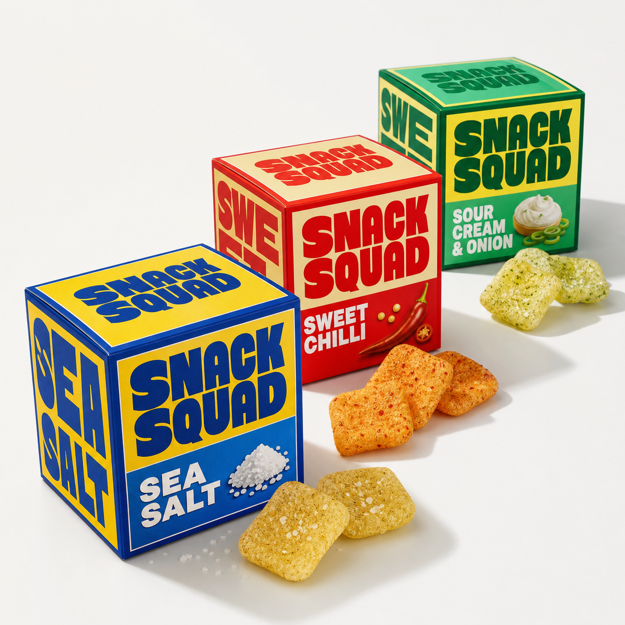 Snack Squad Sea Salt, Sweet Chilli and Sour Cream and Onion cube boxes with matching snack pieces in front.