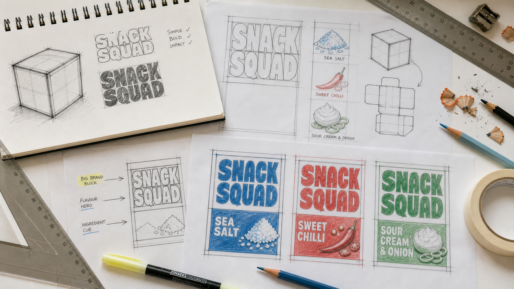 Snack Squad multi-flavour packaging process showing cube carton structure, logo trials, flavour icons, dieline thinking and colour coding.