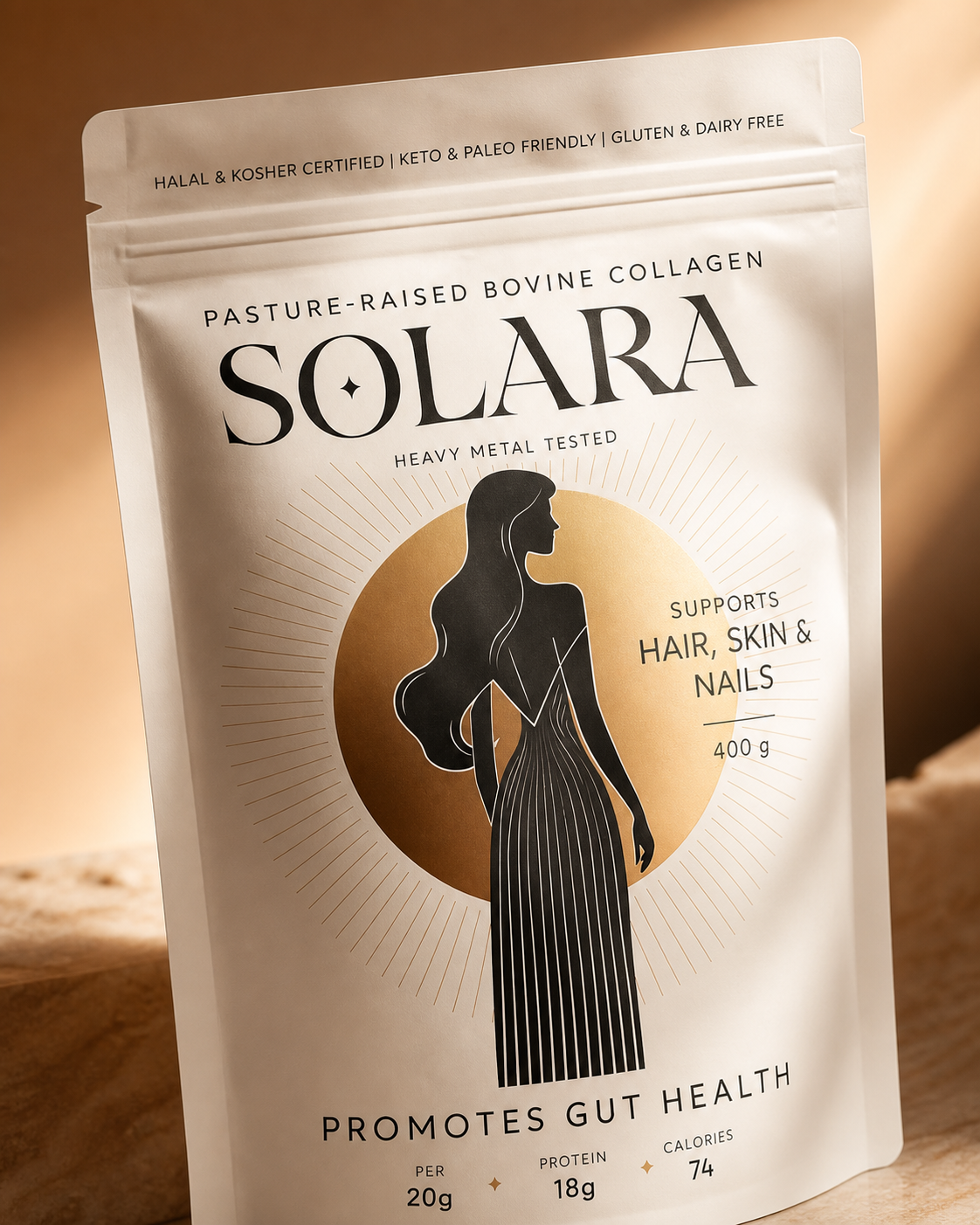 Close-up of SOLARA collagen pouch packaging showing the serif wordmark, female silhouette, gold disc and radial line detail