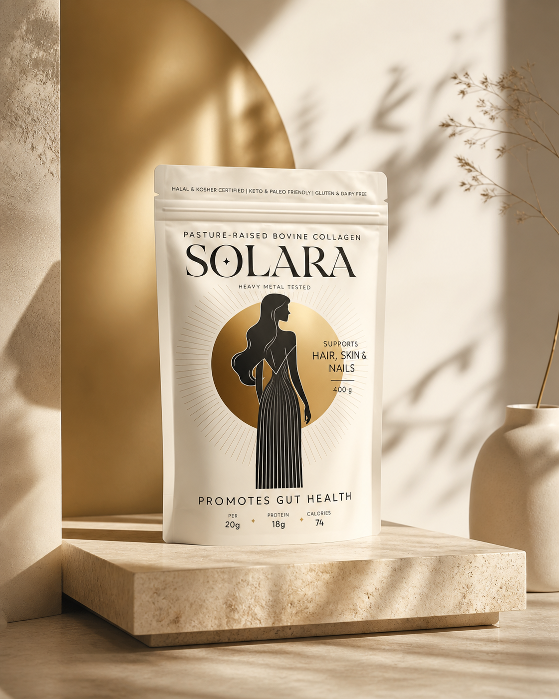 SOLARA pasture-raised bovine collagen pouch packaging design on a travertine pedestal with warm gold sunlight