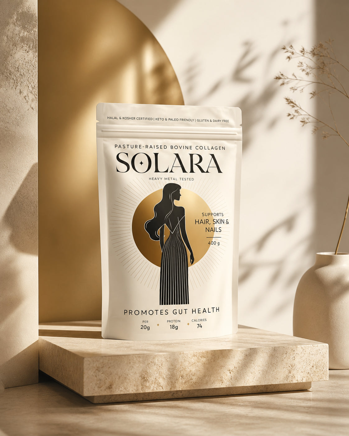 SOLARA pasture-raised bovine collagen pouch packaging design on a travertine pedestal with warm gold sunlight
