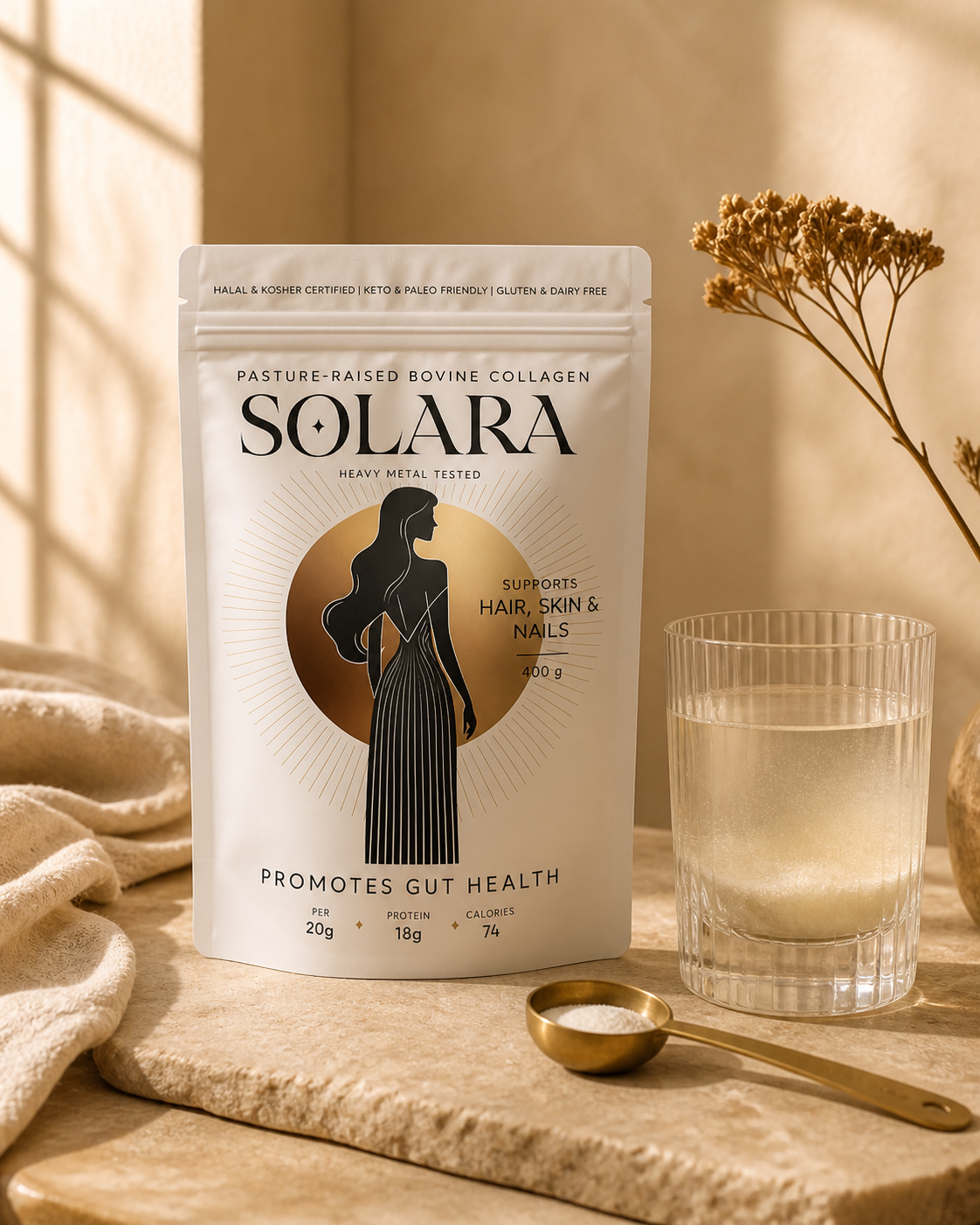 SOLARA collagen supplement packaging beside water and a brass measuring spoon in a sunlit wellness ritual scene