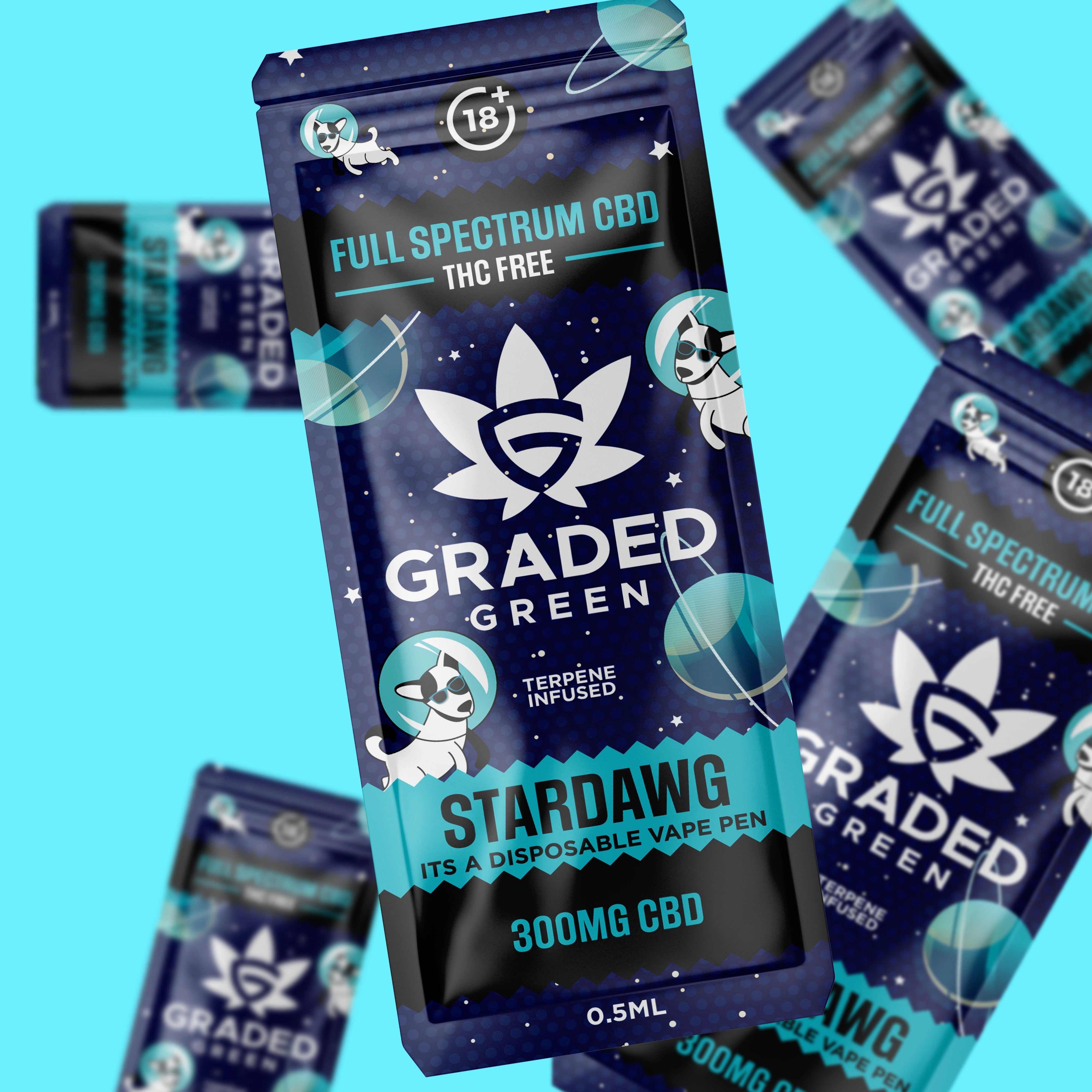 Stardawg Graded Green disposable CBD vape box with space illustrations, cyan accents and navy branding.