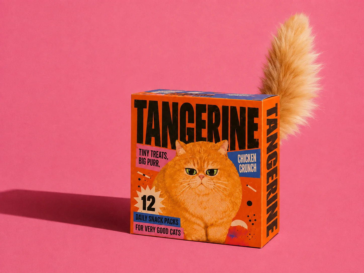 Tangerine cat treat packaging design featuring a bright orange carton with an illustrated cat on a pink background