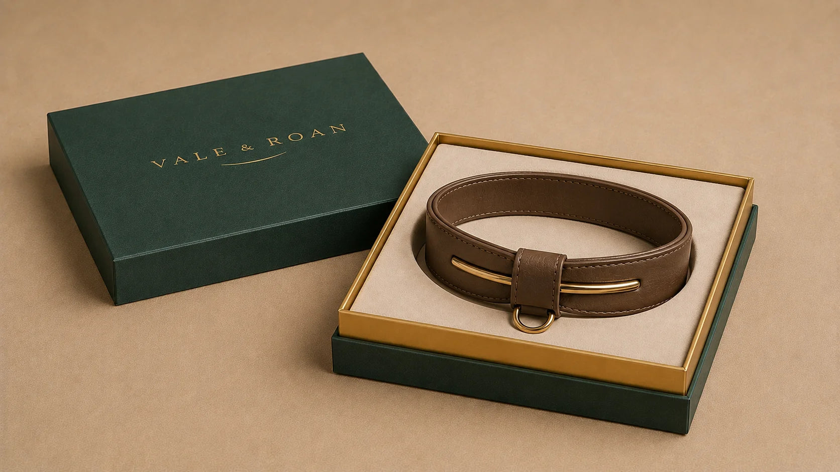 Open Vale & Roan dark green presentation box displaying a brown leather dog collar with gold-toned hardware