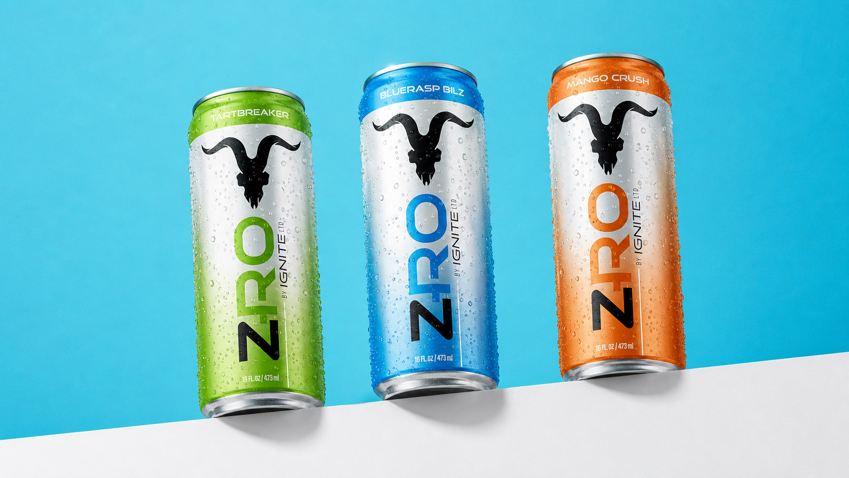 Three chilled ZRO Energy Drink cans by IGNITE in Tartbreaker, Bluerasp Billz and Mango Crush flavours on a bright blue background