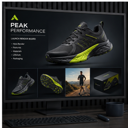 Launch render boards visual for 3D product renders by Y Not Tony Design Studio