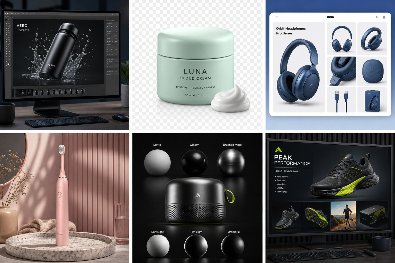Modern 3D product render examples for ecommerce, packaging and launch visuals by Y Not Tony Design Studio