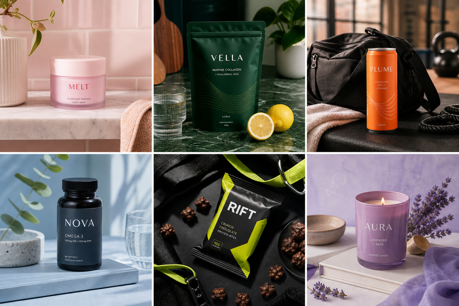 Lifestyle product images for skincare, supplements, drinks, snacks and ecommerce launch campaigns by Y Not Tony Design Studio