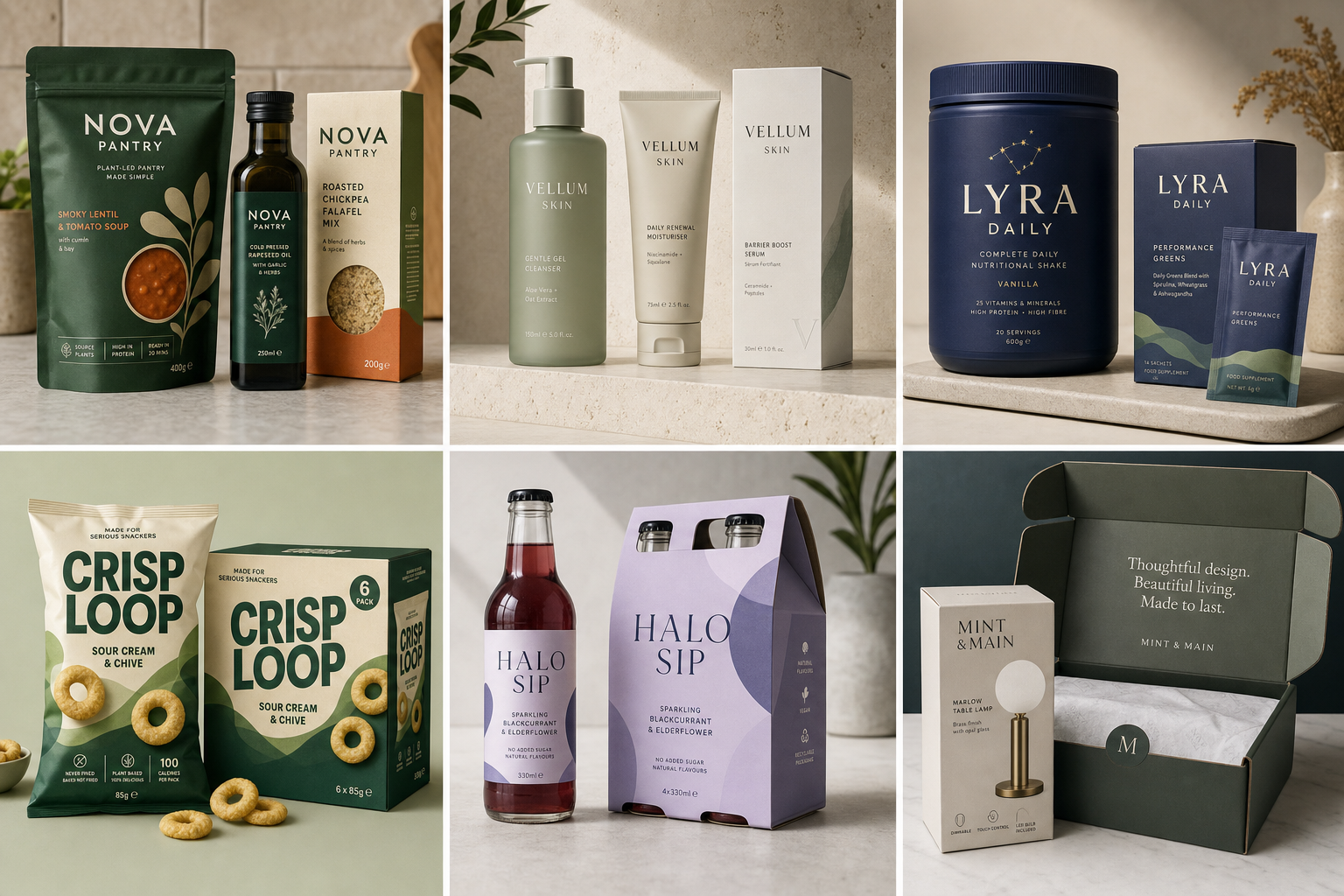 Modern packaging design mockups for bottles, pouches, cartons and ecommerce packs by Y Not Tony Design Studio