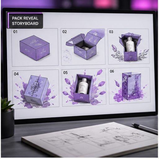 Pack reveal storyboards visual for Product animation by Y Not Tony Design Studio